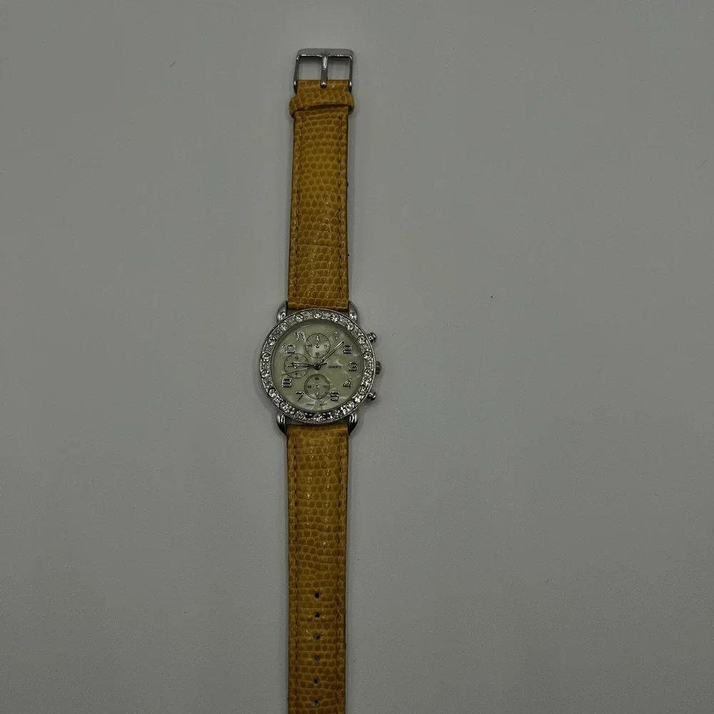 CG Women's Quartz Watch Rhinestone Bezel MOP Dial Plastic Band Needs New Battery